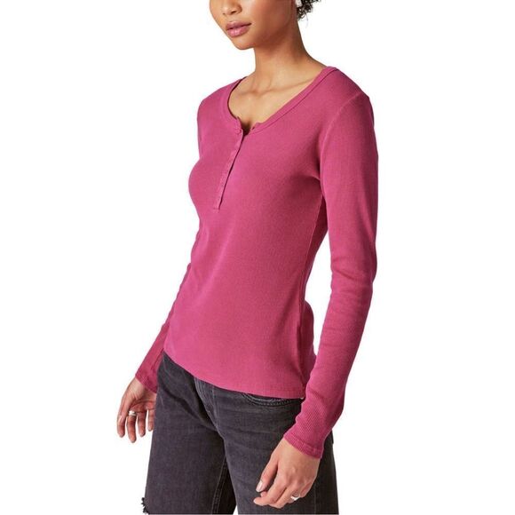 Lucky Brand XL Anemone Deep Pink Long Sleeve Ribbed Knit Snap Cotton Henley - Picture 3 of 16